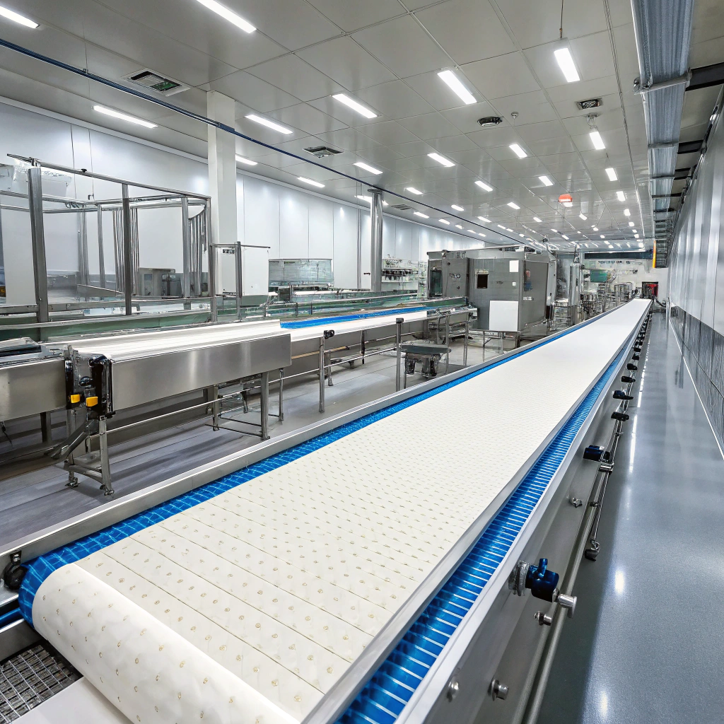 Banda transportadora sintética de PVC en línea de producción alimentaria