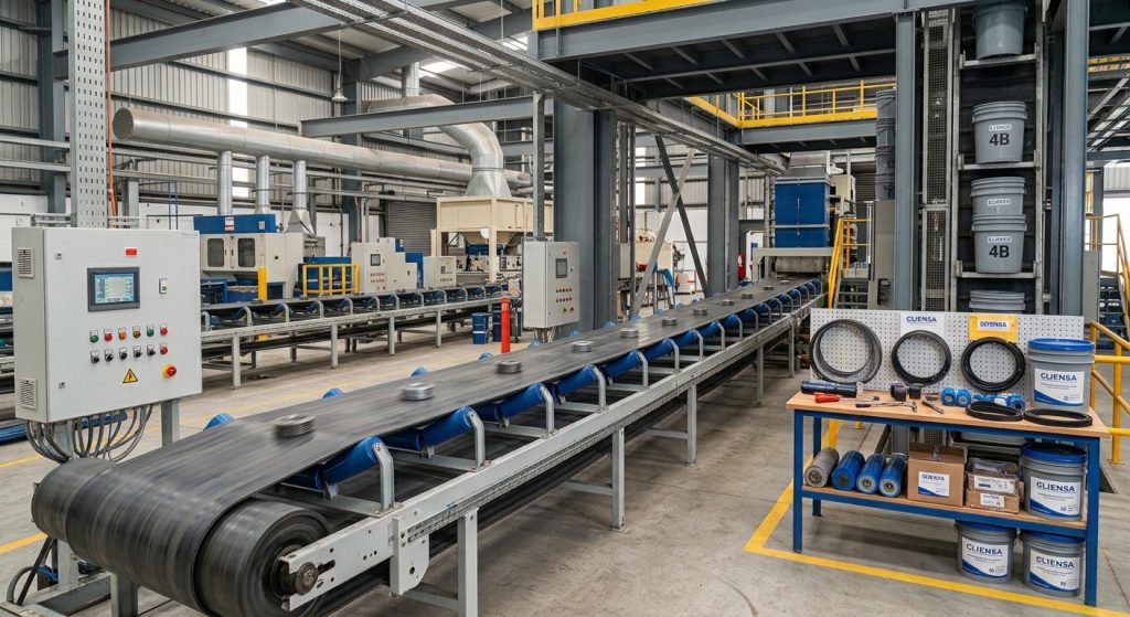 Una toma de gran ángulo muestra el interior de una fábrica automatizada de fabricación de correas transportadoras. Una correa transportadora vacía está montada sobre varios rodillos azules colocados en ángulo para mantener la correa transportadora en su lugar. La cinta transportadora vacía está colocada en la planta baja y el primer piso de un edificio con un sistema de tuberías de HVAC plateadas y una red de metal sobre la cinta transportadora vacía. El edificio es espacioso y tiene un techo alto. Una consola de color gris claro con una pantalla y varios botones rojos, verdes y amarillos está colocada en una columna de metal cerca del borde inferior izquierdo de la toma. Tres anillos negros, un balde de color azul claro, y algunos productos están sobre una mesa de metal colocada a la derecha de la toma. Las etiquetas CUENSA y SESIENSA están visibles en la mesa de metal. Detrás de la mesa de metal, una red de metal está equipada con varios estantes de metal y hay cuatro baldes negros. Dos de los baldes negros tienen la etiqueta 4B y la etiqueta ELINSA. Las paredes del edificio están hechas de láminas de metal corrugado y están pintadas de color gris claro. El piso del edificio está hecho de concreto. El edificio está bien iluminado con luz natural y artificial.